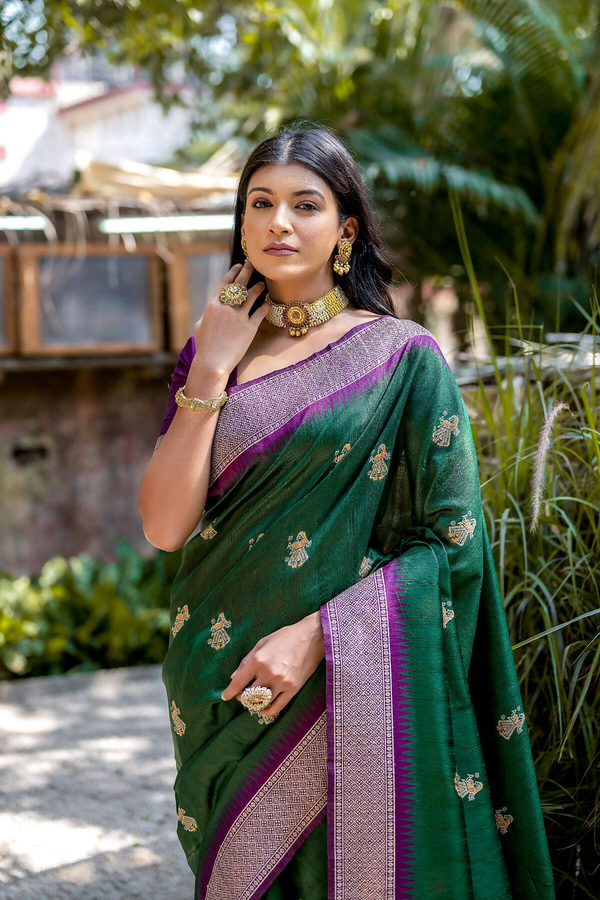 Vishnu Weaves Women's Green Tussar Silk Zari Woven Saree with Blouse - Distacart