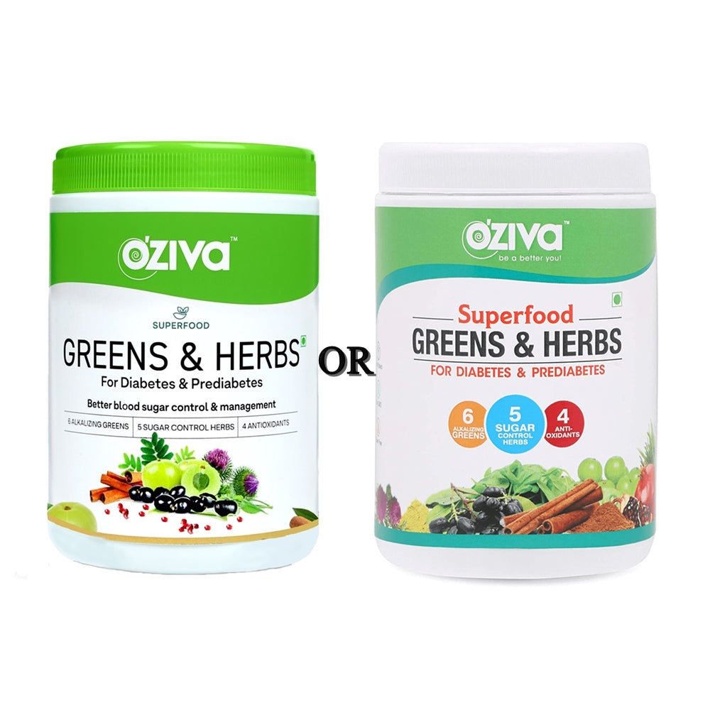 OZiva Superfood Greens & Herbs for Diabetes & Prediabetes Old vs New Look