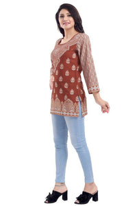 Thumbnail for Snehal Creations Faux Crepe Rust Short Kurti Tunic Top
