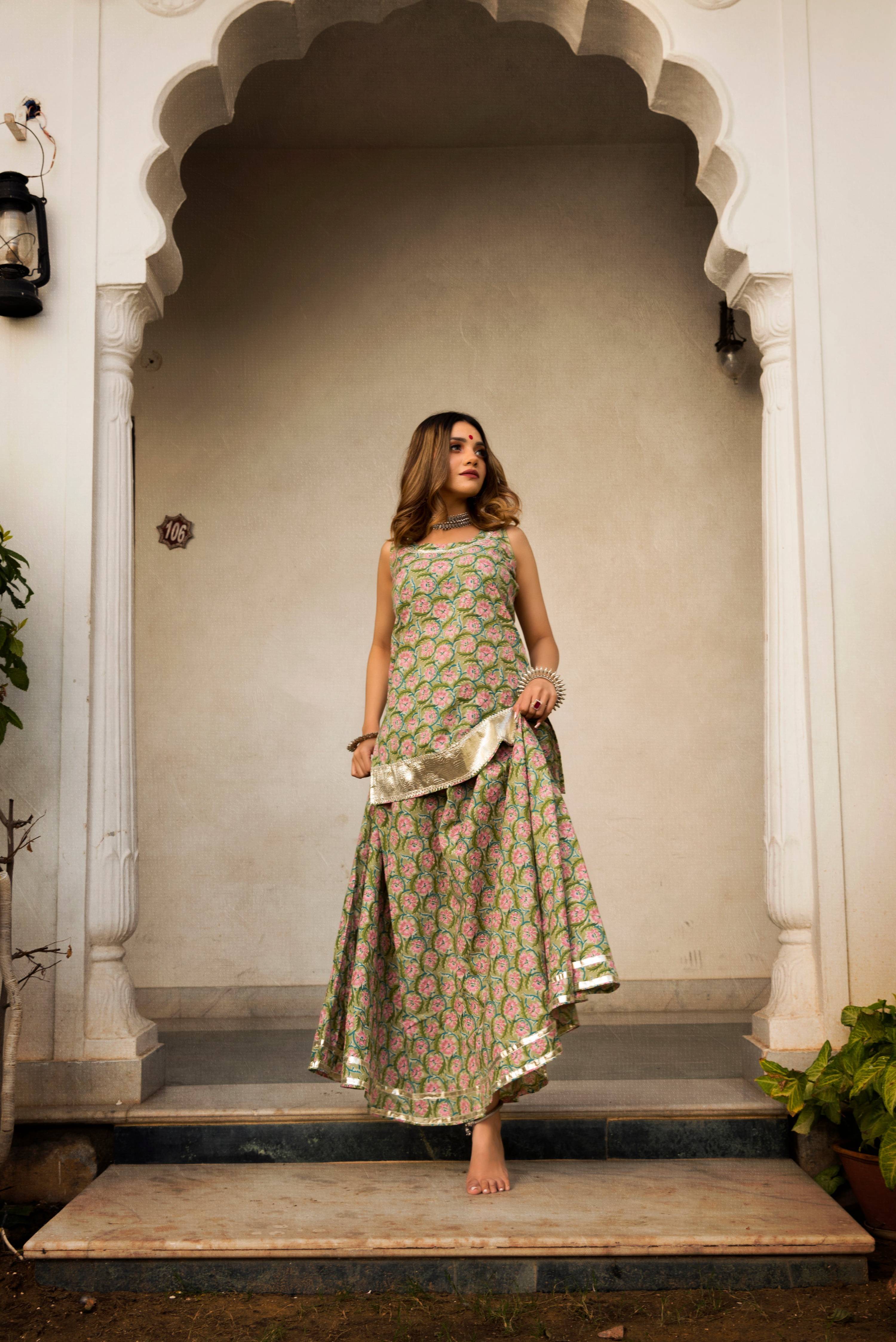 Pomcha Jaipur Hand Block Print Cotton Kurta Skirt Set - Distacart