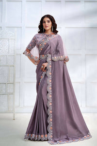 Thumbnail for Lavender Crepe satin silk Cord & Sequence Embroidered with Stone work Saree - Mohmanthan Majestica - Distacart