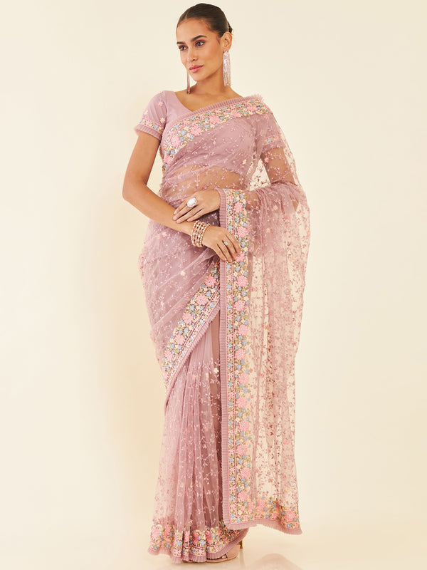 Soch Purple & Blue Floral Embroidered Net Saree - Distacart