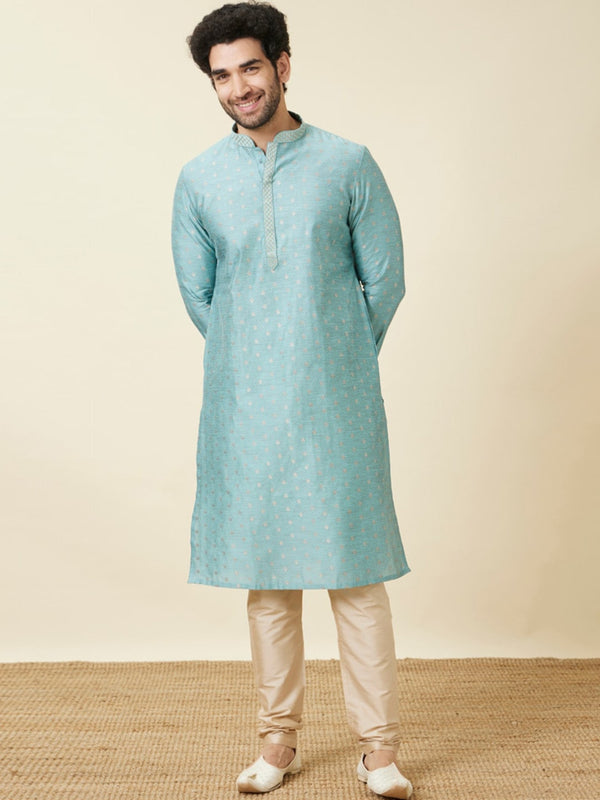 Manyavar Mandarin Collar Woven Design Thread Work Kurta with Pyjamas - Distacart