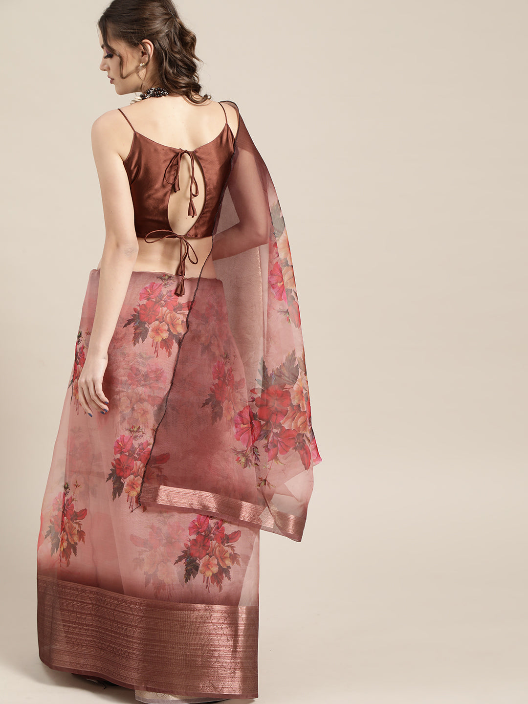 Saree Mall Mauve & Red Organza Block Print Saree - Distacart