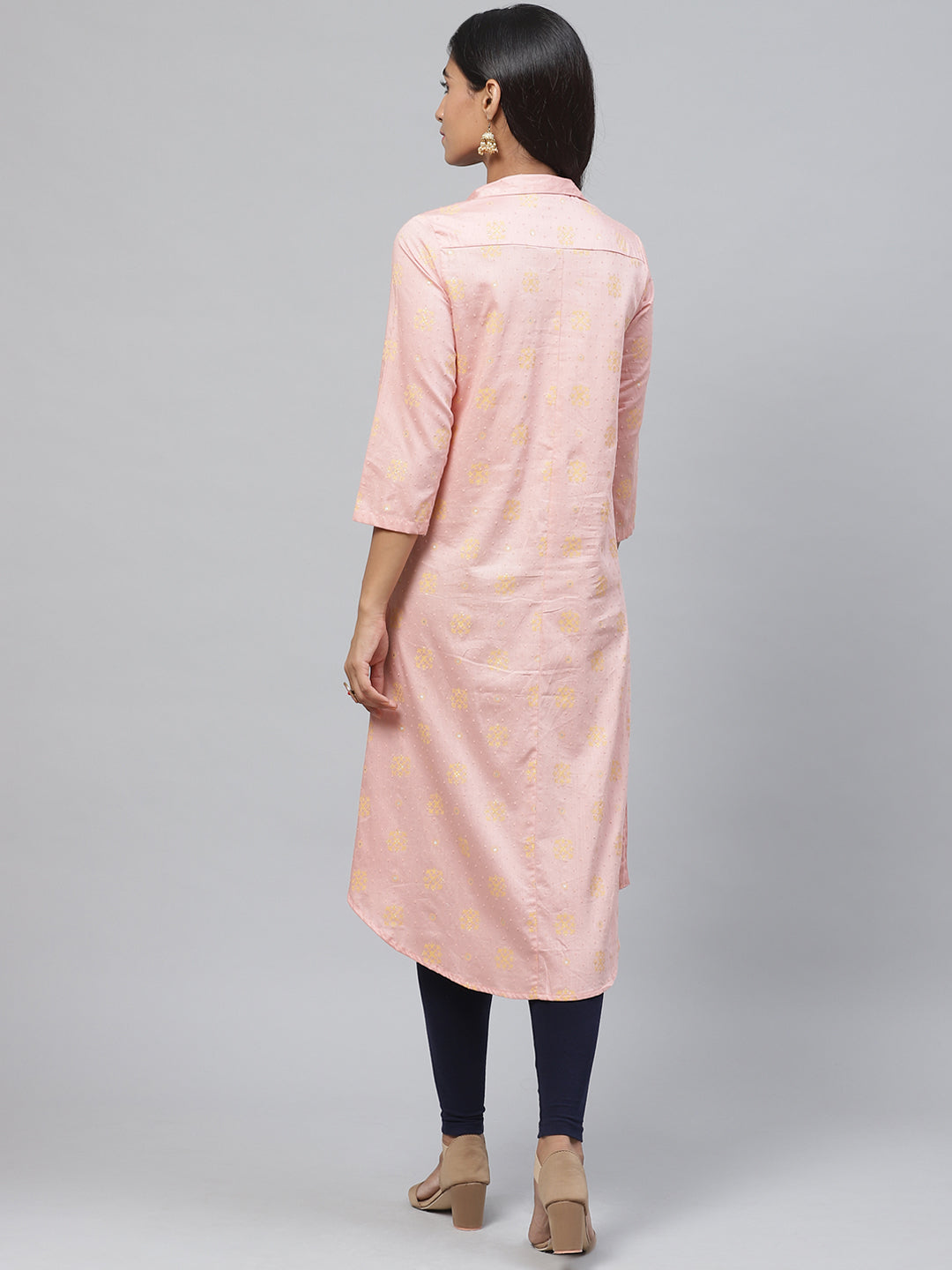 Biba Women Peach-Coloured & Mustard Yellow Mirror Work Printed A-Line Kurta - Distacart