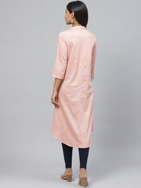 Thumbnail for Biba Women Peach-Coloured & Mustard Yellow Mirror Work Printed A-Line Kurta - Distacart