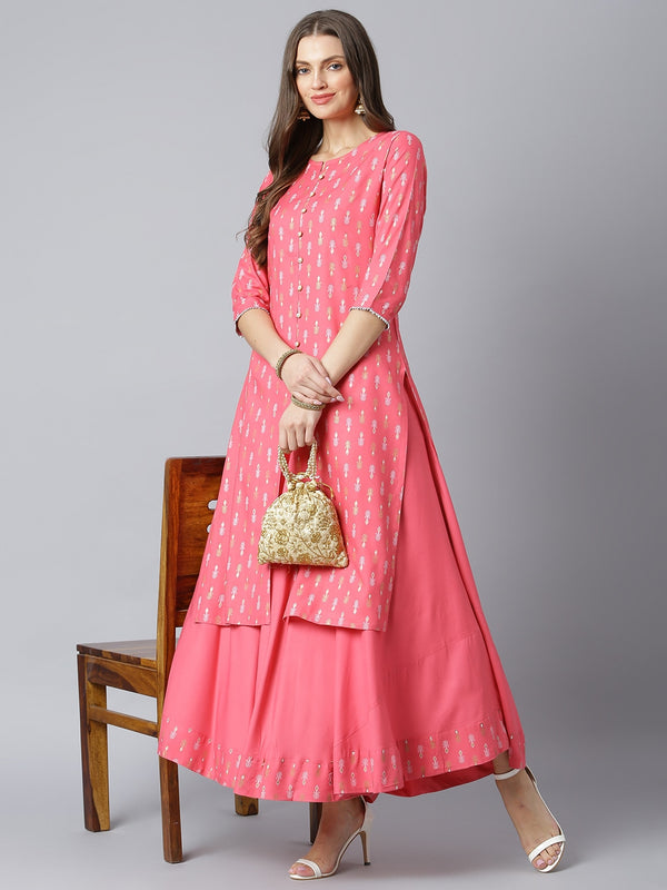 Khushal K Women Pink & White Printed Kurta with Solid Flared Maxi Skirt - Distacart