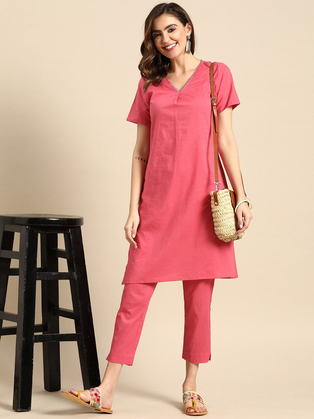 Sangria V-Neck Lace Detail Kurta with Trousers - Distacart
