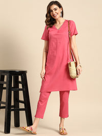 Thumbnail for Sangria V-Neck Lace Detail Kurta with Trousers - Distacart