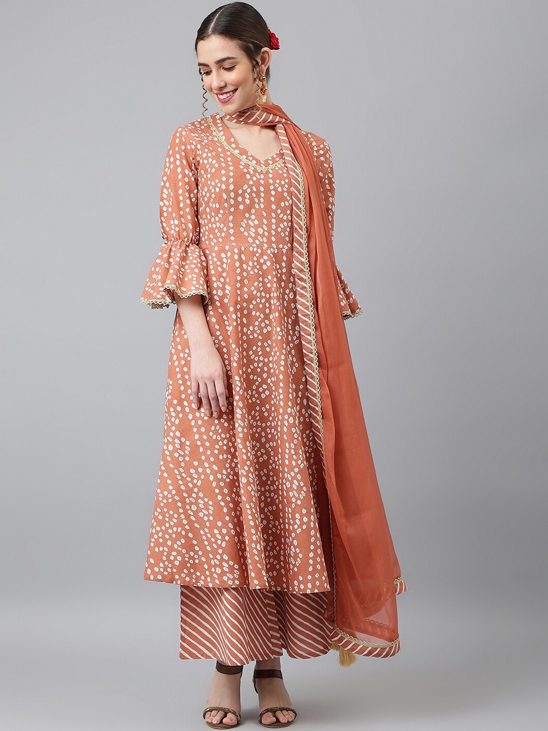 Khushal K Women Brown Ethnic Motifs Printed Panelled Pure Cotton Kurta with Palazzos & With Dupatta - Distacart