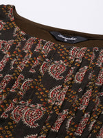 Thumbnail for Souchii Olive Green & Red Ethnic Motifs Printed Chiffon A-Line Maxi Dress - Distacart