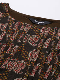 Thumbnail for Souchii Olive Green & Red Ethnic Motifs Printed Chiffon A-Line Maxi Dress - Distacart