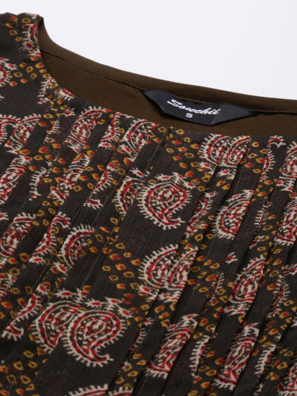 Souchii Olive Green & Red Ethnic Motifs Printed Chiffon A-Line Maxi Dress - Distacart