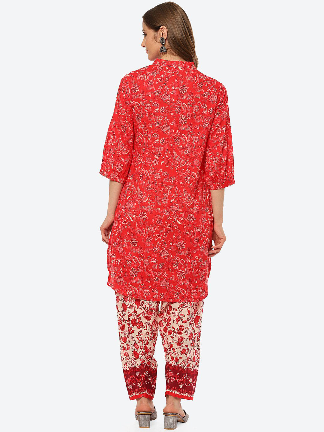 Biba Women Red Floral Printed Kurta with Trousers - Distacart