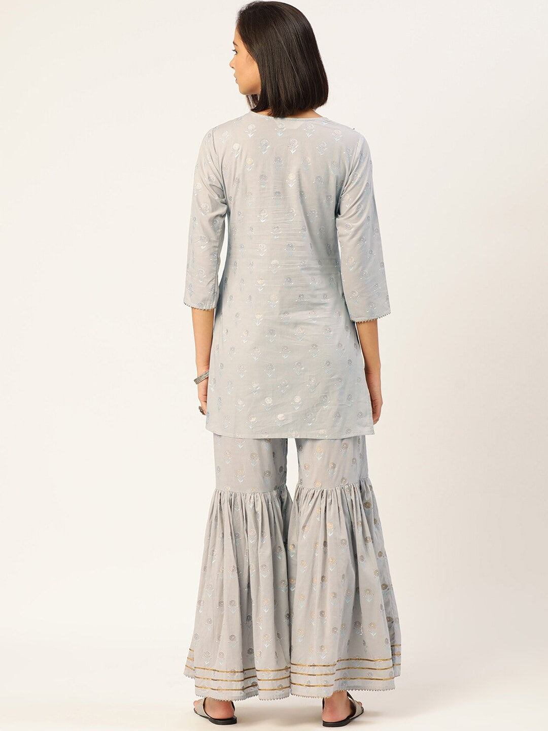 HERE&NOW Women Grey Floral Printed Panelled Gotta Patti Pure Cotton Kurti with Sharara With Dupatta - Distacart