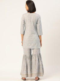 Thumbnail for HERE&NOW Women Grey Floral Printed Panelled Gotta Patti Pure Cotton Kurti with Sharara With Dupatta - Distacart