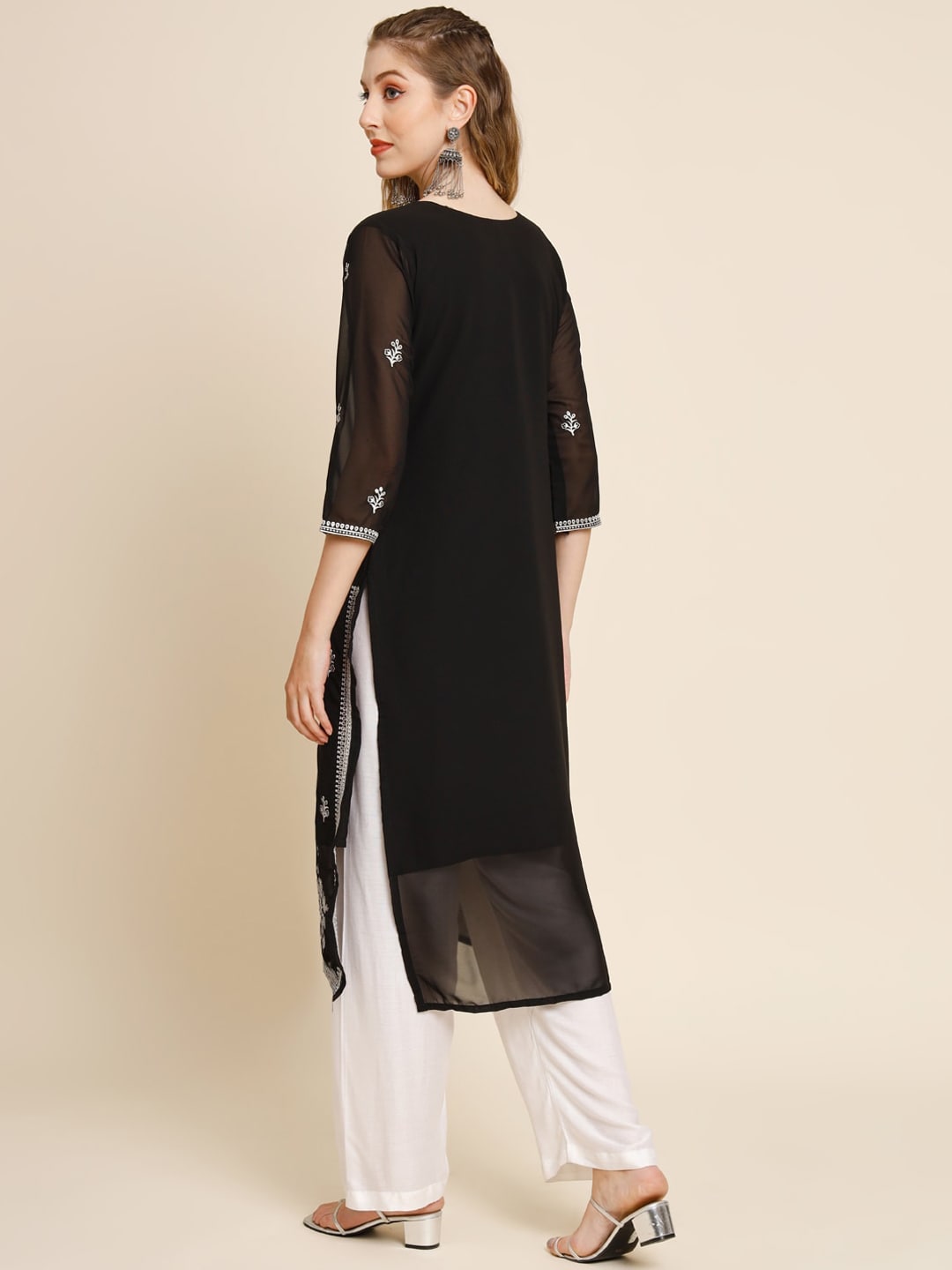 HERE&NOW Ethnic Motifs Embroidered Sequined Georgette Kurta - Distacart