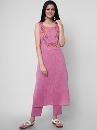Thumbnail for Kalini Women Pink Floral Embroidered Mirror Work Pure Cotton Kurta with Trousers - Distacart