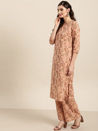 Thumbnail for Sangria Women Dusty Pink & Brown Pure Cotton Printed Kurta with Palazzos & Dupatta - Distacart