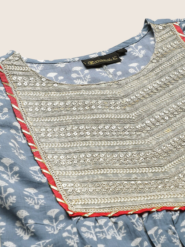 Khushal K Floral Printed Zari Sequined A-Line Pure Cotton Kurta with Palazzos & Dupatta - Distacart