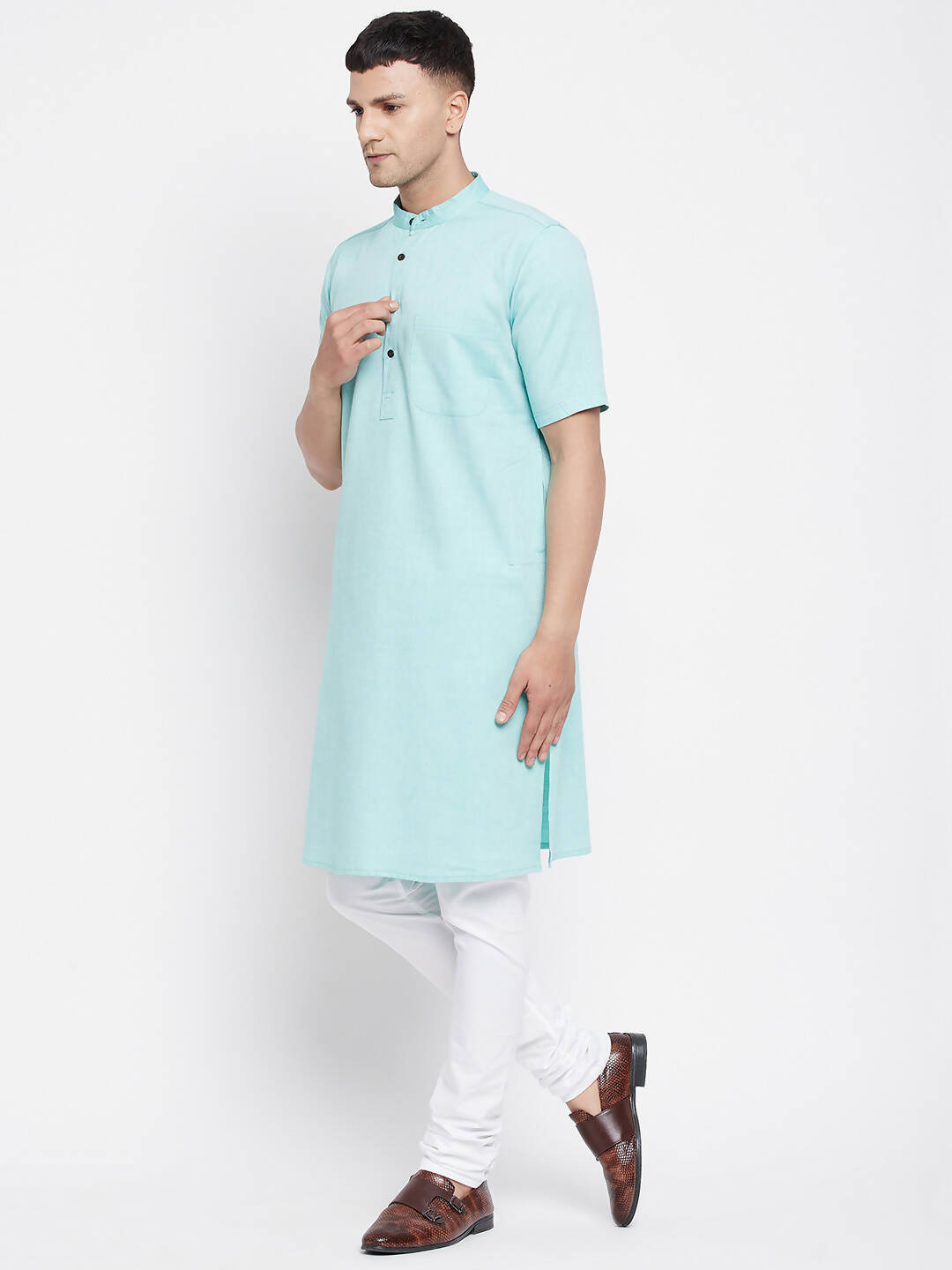 Even Apparels Green Pure Cotton Men's H/S Kurta With Band Collar - Distacart