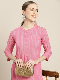 Thumbnail for Sangria Women Pink & White Striped Sequin Detail Kurta - Distacart