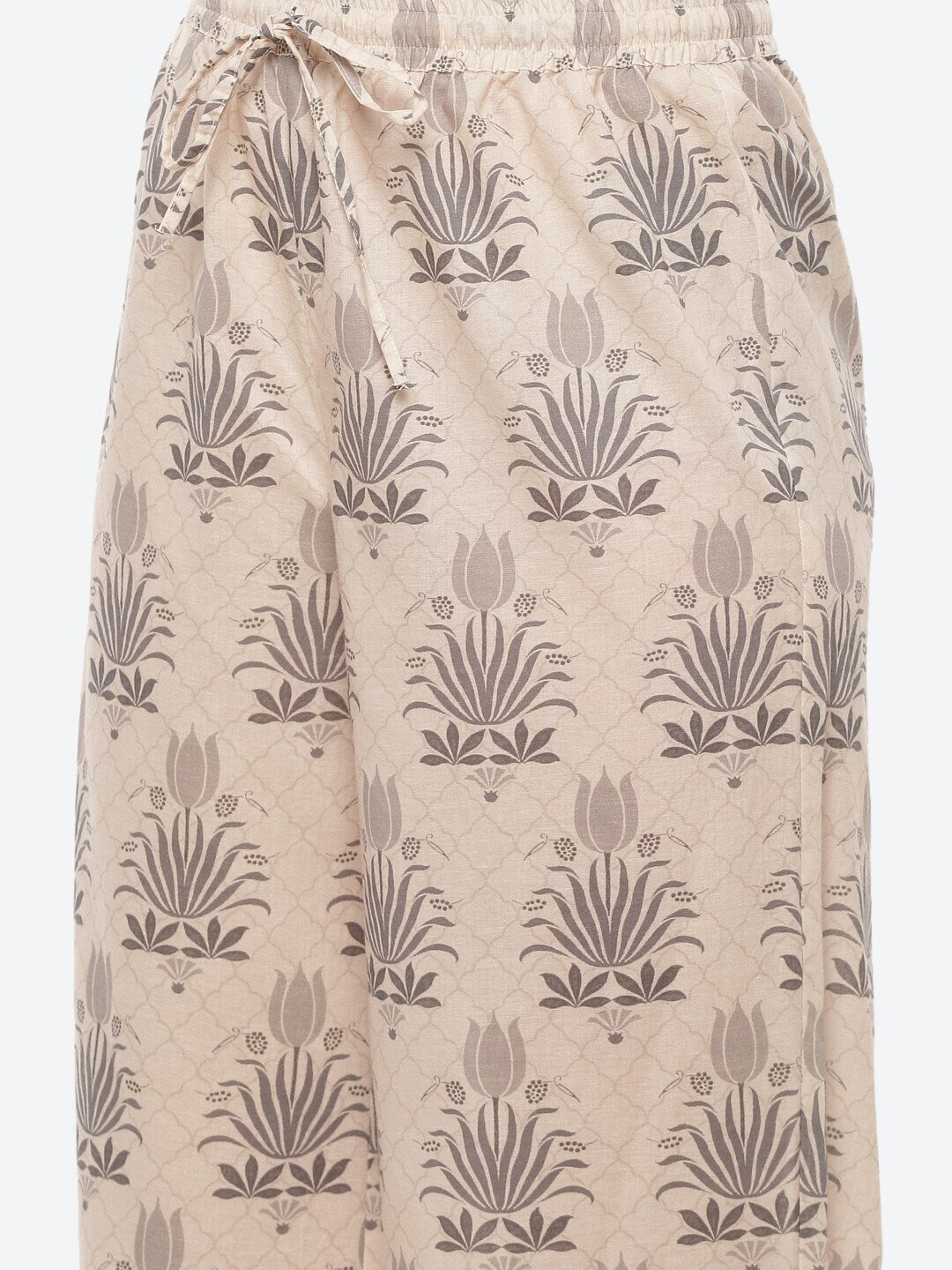 Biba Women Grey & Beige Ethnic Motifs Printed Pleated Pure Cotton Kurta with Palazzos - Distacart