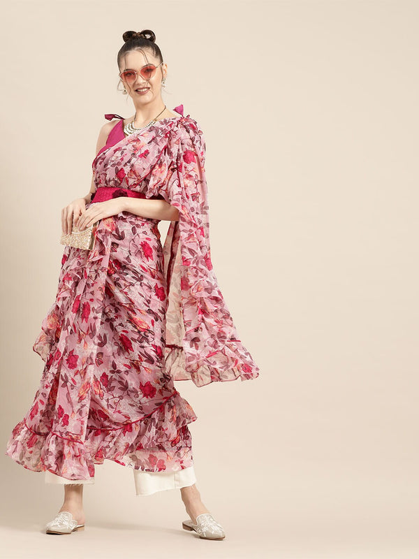 Tikhi Imli Pretty Pink Printed Poly Georgette Saree - Distacart