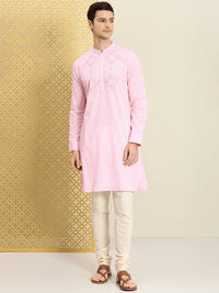Thumbnail for House of Pataudi Men Pink & White Bandhani Printed Pure Cotton Jashn Kurta - Distacart