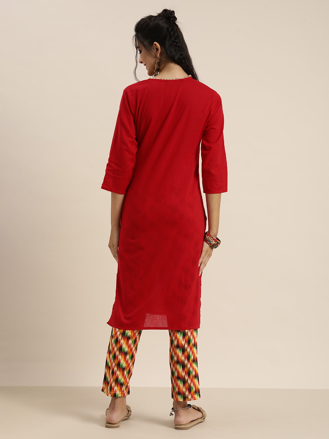Sangria Women Red Solid Pure Cotton Gotta Patti Kurta with Abstract Print Trousers - Distacart