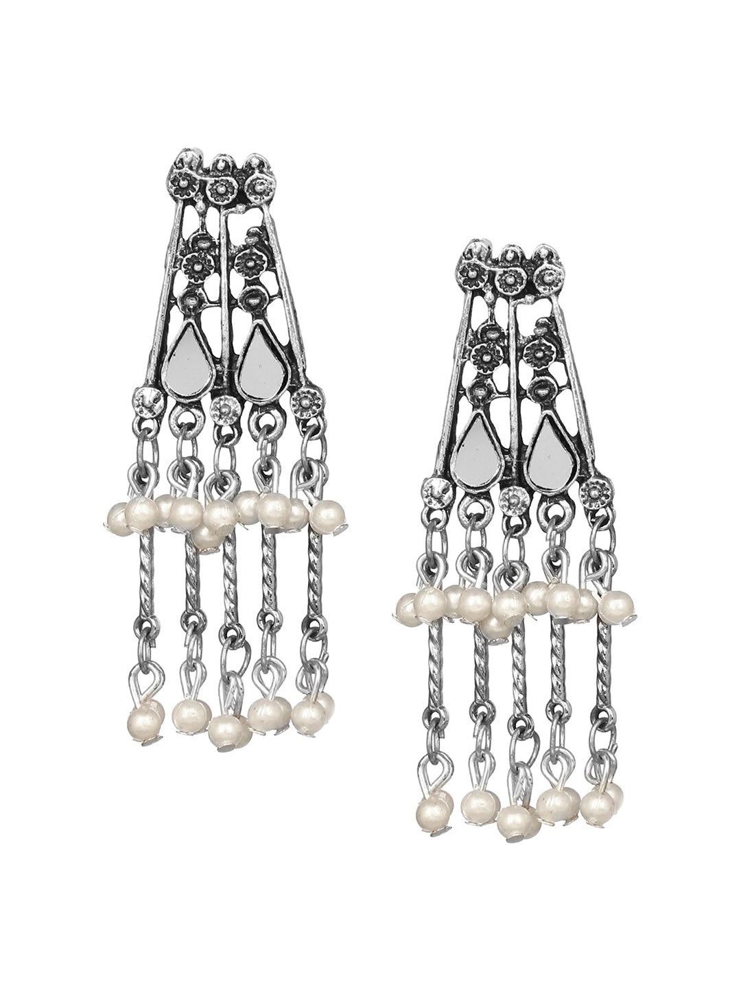 Cardinal Silver-Toned Mirror Studded & Beaded Oxidised Choker Jewellery Set - Distacart