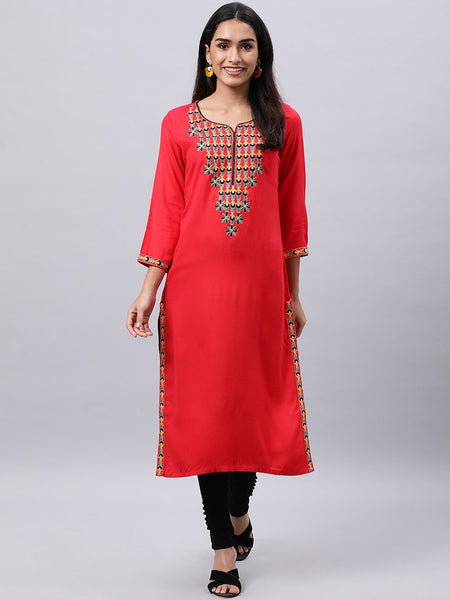 Souchii Red Yoke Design Thread Work Grandeur & Majestic Artwork Kurta - Distacart