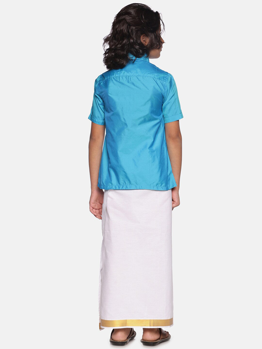 Sethukrishna Boys Turquoise Blue & White Solid Cotton Shirt & Dhoti Set - Distacart