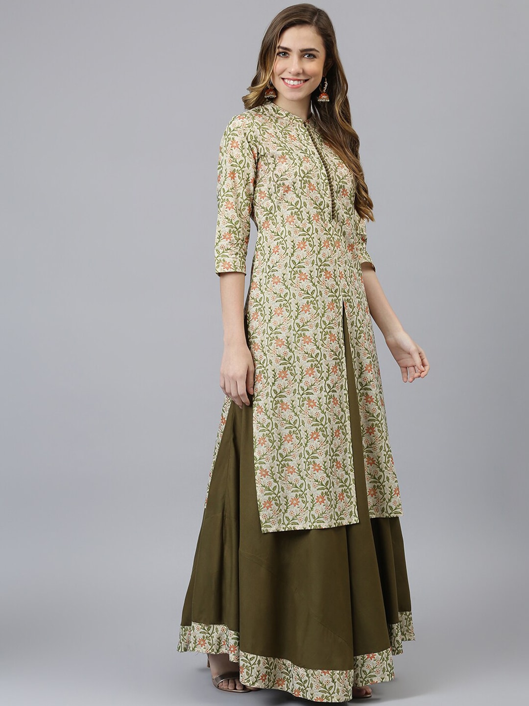 Khushal K Women Cream-Coloured Printed High Slit Kurta with Skirt - Distacart