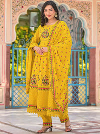 Thumbnail for Sangria Yellow Floral Printed & Mirror Work Cotton Anarkali Kurta With Trouser & Dupatta - Distacart