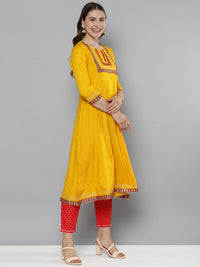 Thumbnail for HERE&NOW Floral Yoke Design Regular Thread Work Kurta with Trousers & With Dupatta - Distacart