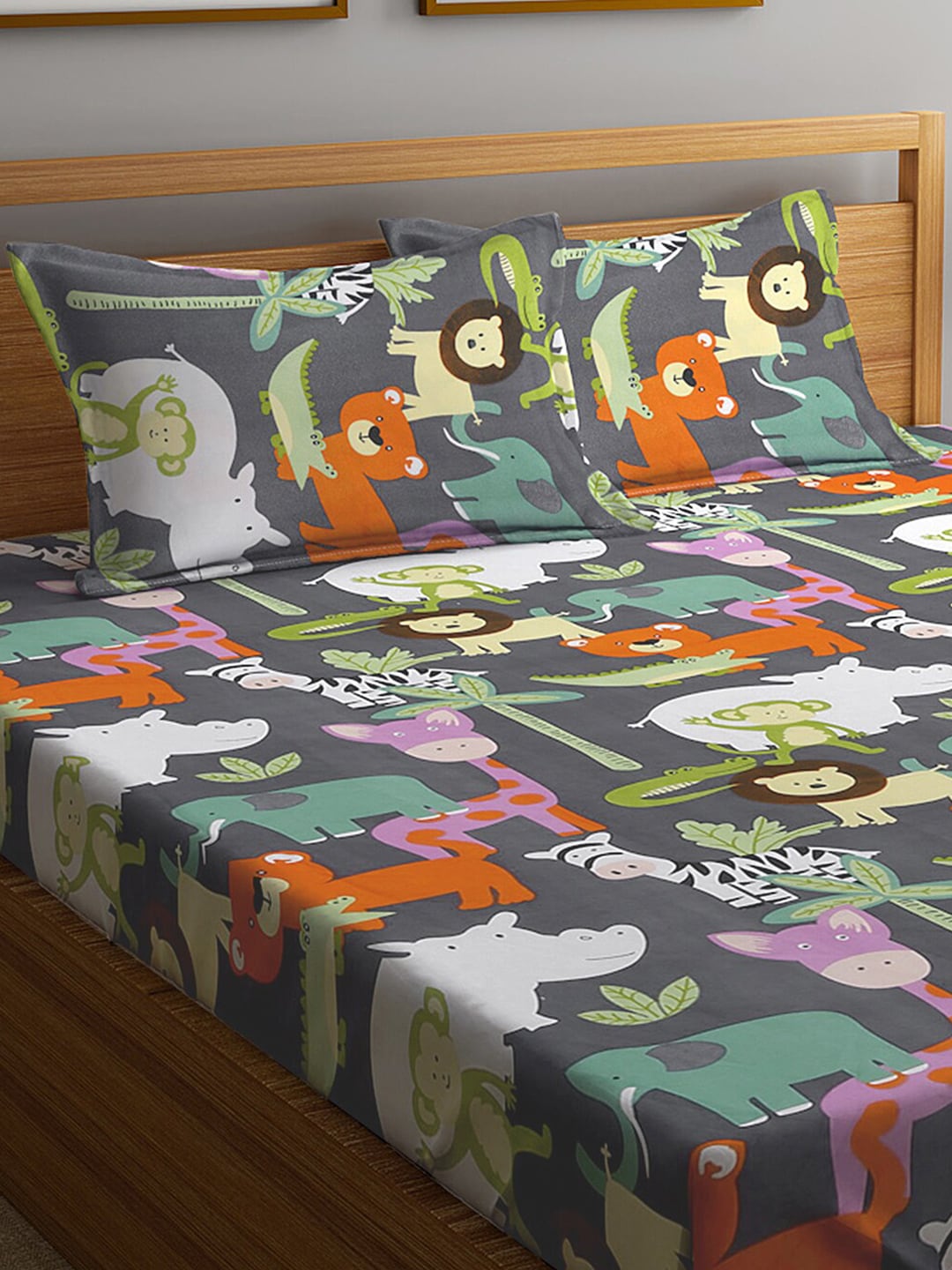 KLOTTHE Grey & Orange Cartoon Character Printed 300 TC King Bedsheet With 2 Pillow covers - Distacart