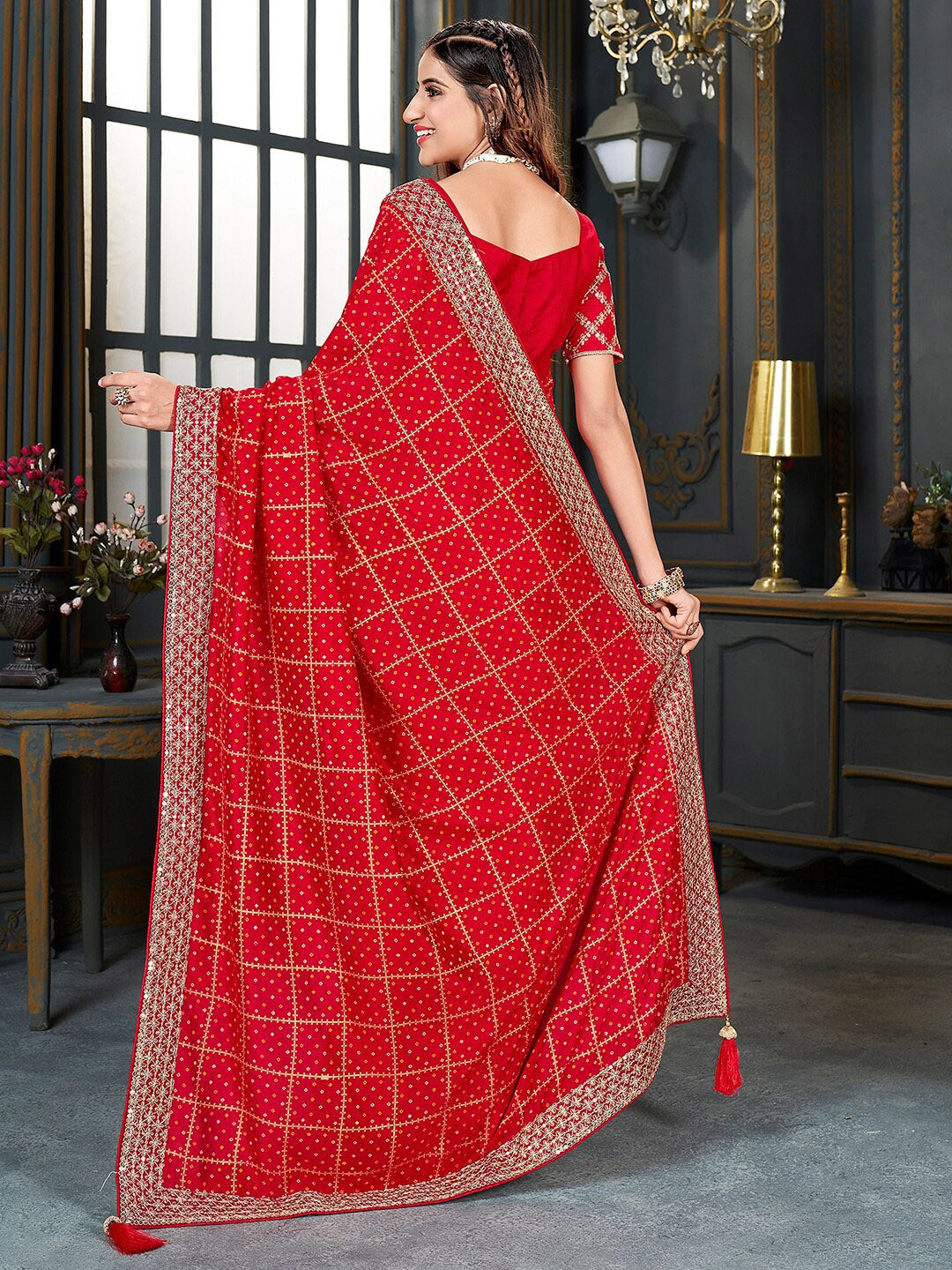 Mitera Bandhani Printed Embroidered Zari Saree - Distacart