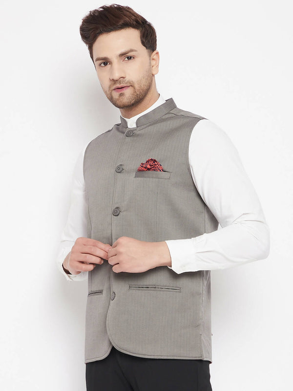 Even Apparels Grey Polyester Men's Nehru Jacket-Contrast Lining-Inbuilt Pocket Square - Distacart