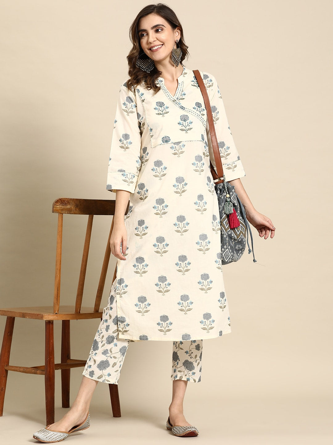 Sangria Floral Printed Angrakha Sequinned Pure Cotton Kurta With Trousers - Distacart