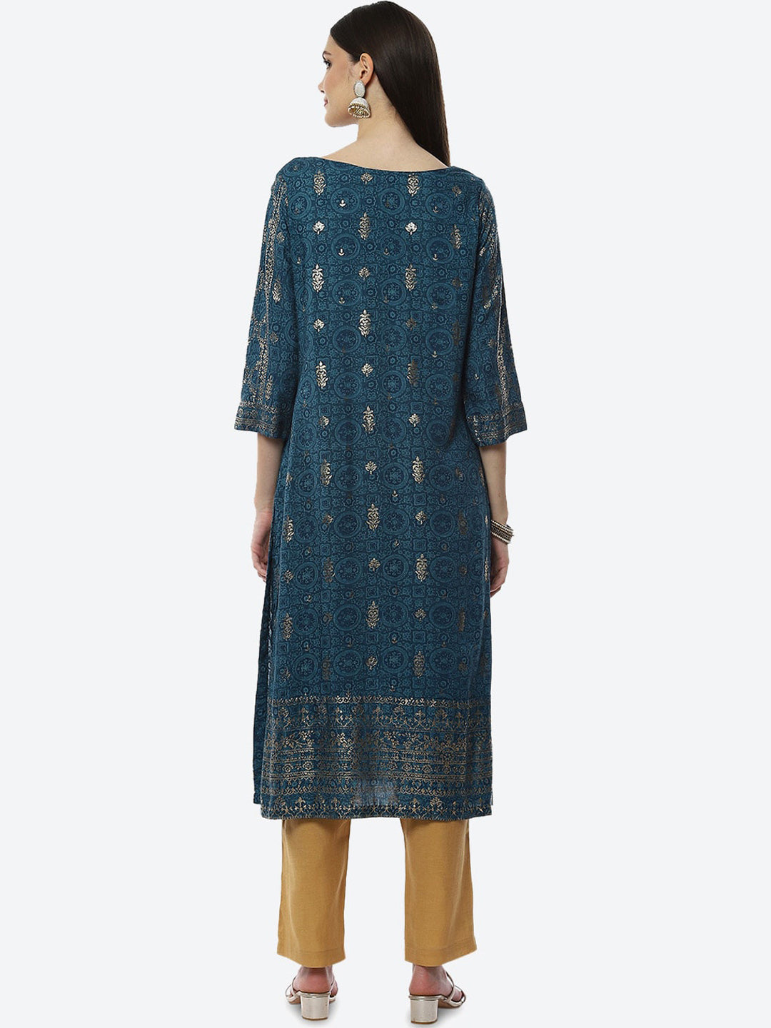 Biba Women Teal Ethnic Motifs Printed Mirror Work Kurta - Distacart