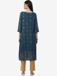 Thumbnail for Biba Women Teal Ethnic Motifs Printed Mirror Work Kurta - Distacart