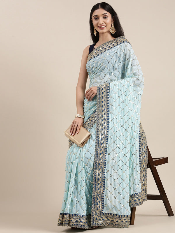Mitera Blue Embellished Sequinned Saree - Distacart