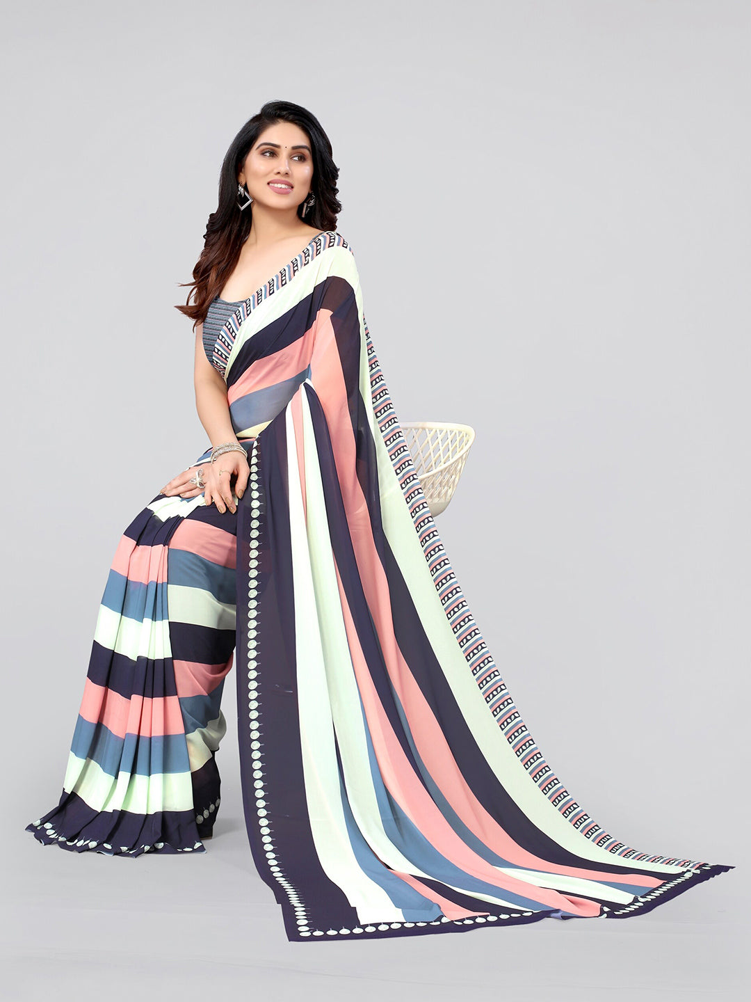 Kalini Pink & Blue Striped Saree - Distacart