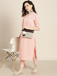 Thumbnail for Sangria Women Peach-Coloured & White Ethnic Printed Pure Cotton Kurta set - Distacart