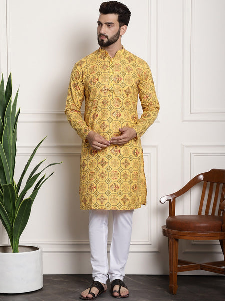 Sojanya Men Yellow Ethnic Motifs Printed Kurta with Churidar - Distacart