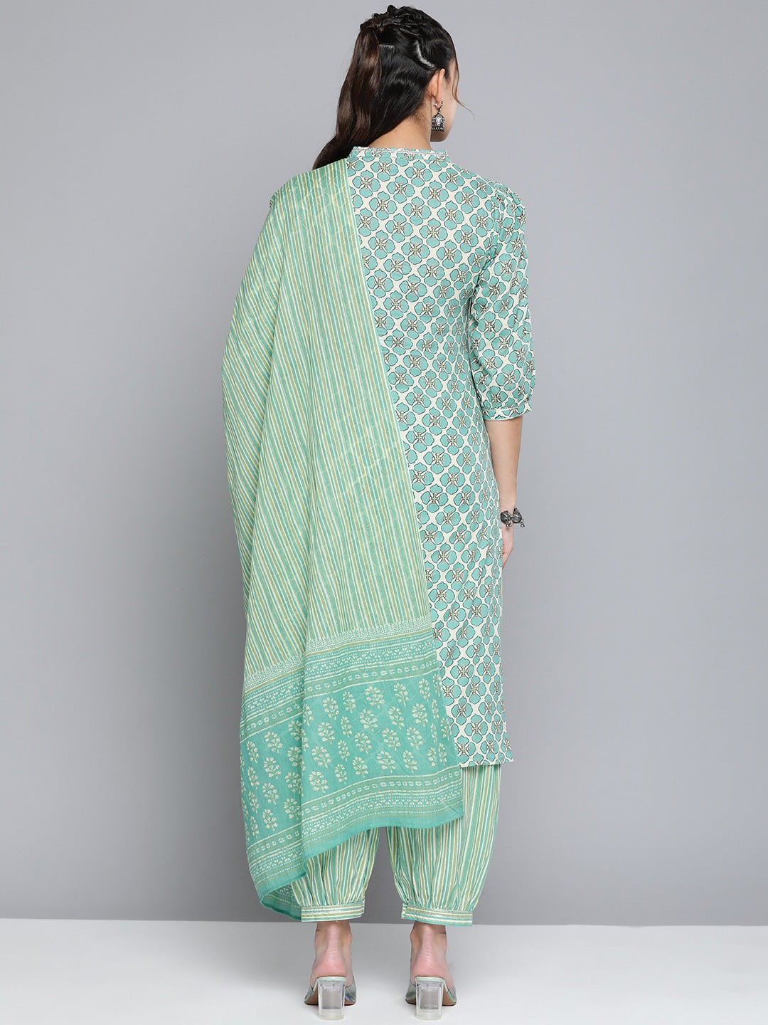 HERE&NOW Women Off White Ethnic Motifs Printed Pure Cotton Kurta with Palazzos & With Dupatta - Distacart