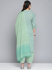 Thumbnail for HERE&NOW Women Off White Ethnic Motifs Printed Pure Cotton Kurta with Palazzos & With Dupatta - Distacart
