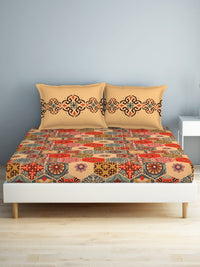Thumbnail for SPACES Aurum Orange Ethnic Motifs Pure Cotton 140 TC Queen Bedsheet with 2 Pillow Covers - Distacart