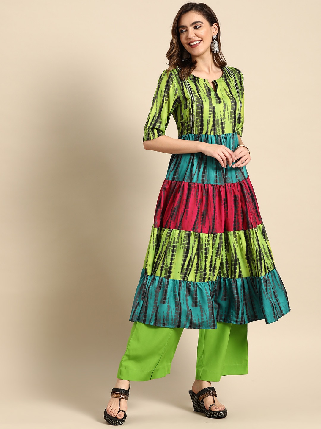 Sangria Women Green Dyed Tiered Kurta with Palazzos - Distacart